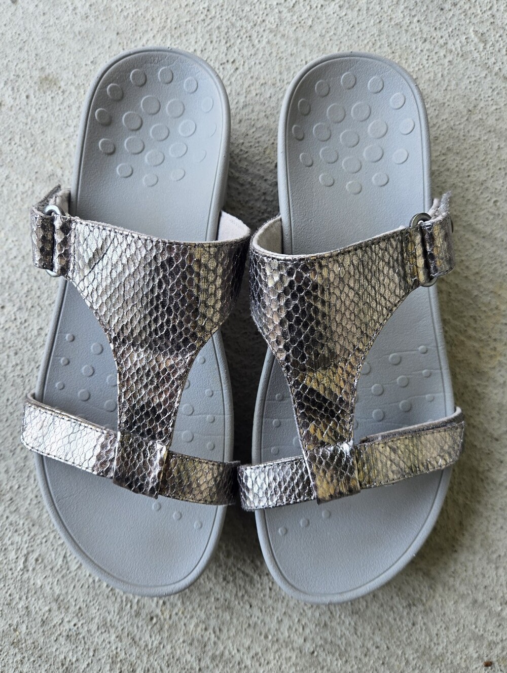 Vionic Metallic Snake-Print Slide Sandals‎ in Silver and Gray - Picture 2 of 5